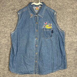 Vintage 90s Looney Tunes Tweety Shirt Ladies 22W Flower Denim Sleeveless shirt‎